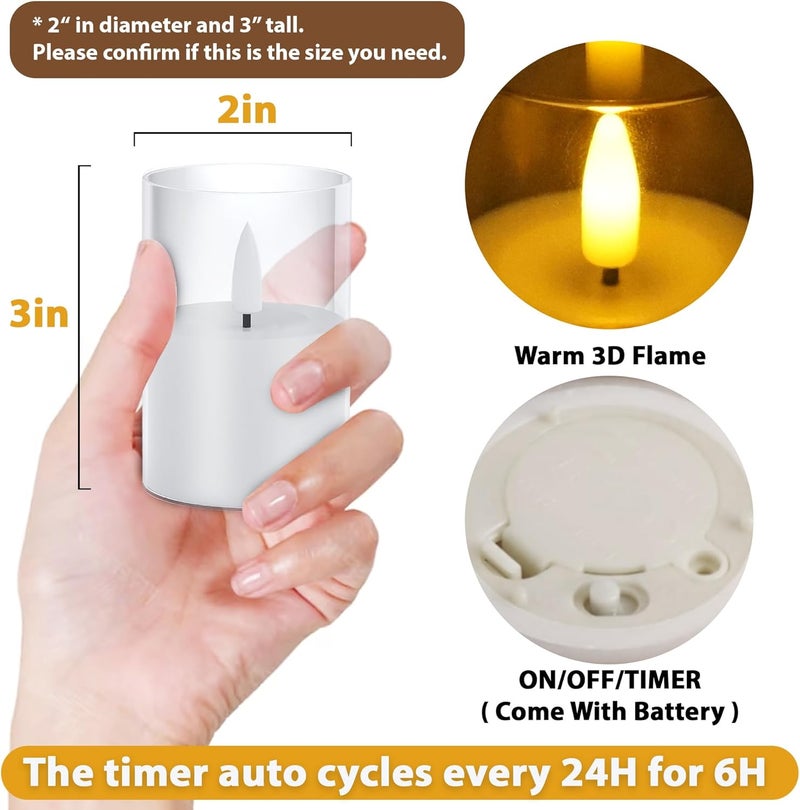 VIODAIM 12Pack Flickering Flameless LED Candles with Timer, Battery Powered - Small Pillar & Votive, Clear (2"X3") - Image 3